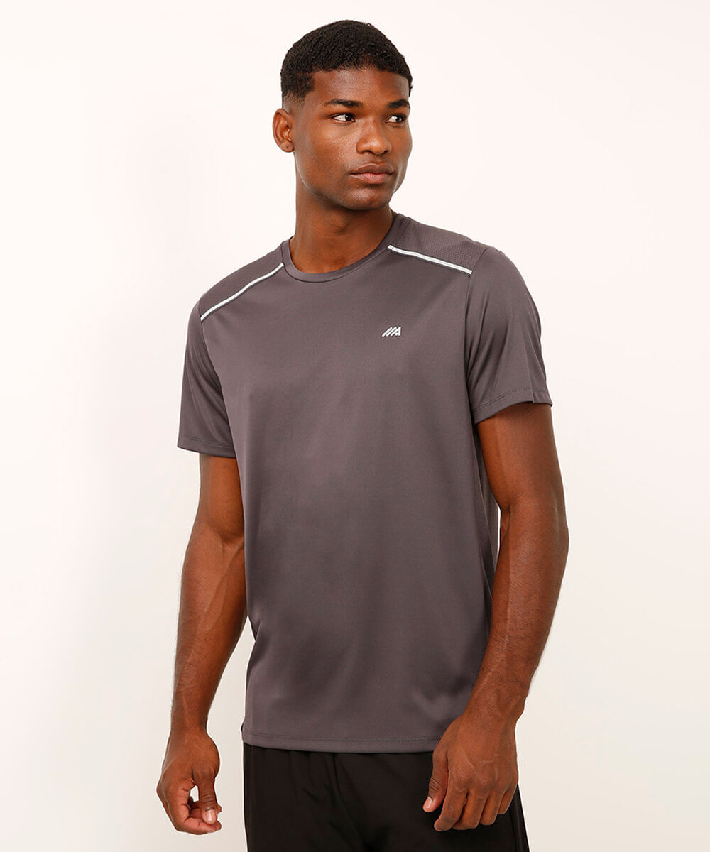 camiseta com recortes e refletivos manga curta esportiva cinza
