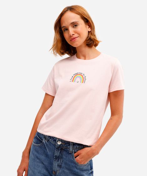 camiseta feminina de algodão arco íris rosa