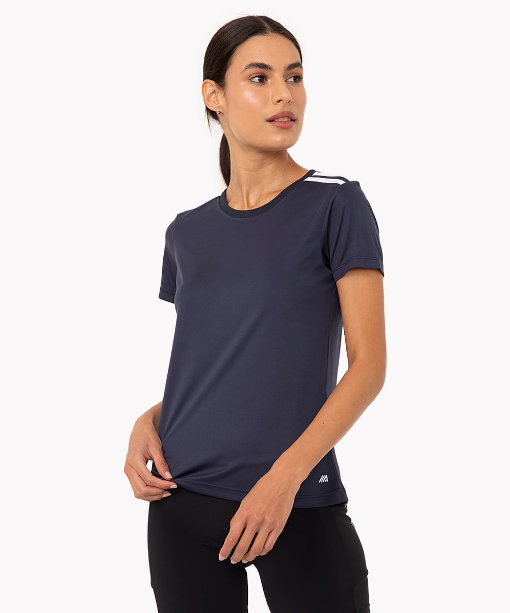 camiseta feminina esportiva ace manga curta com listras azul