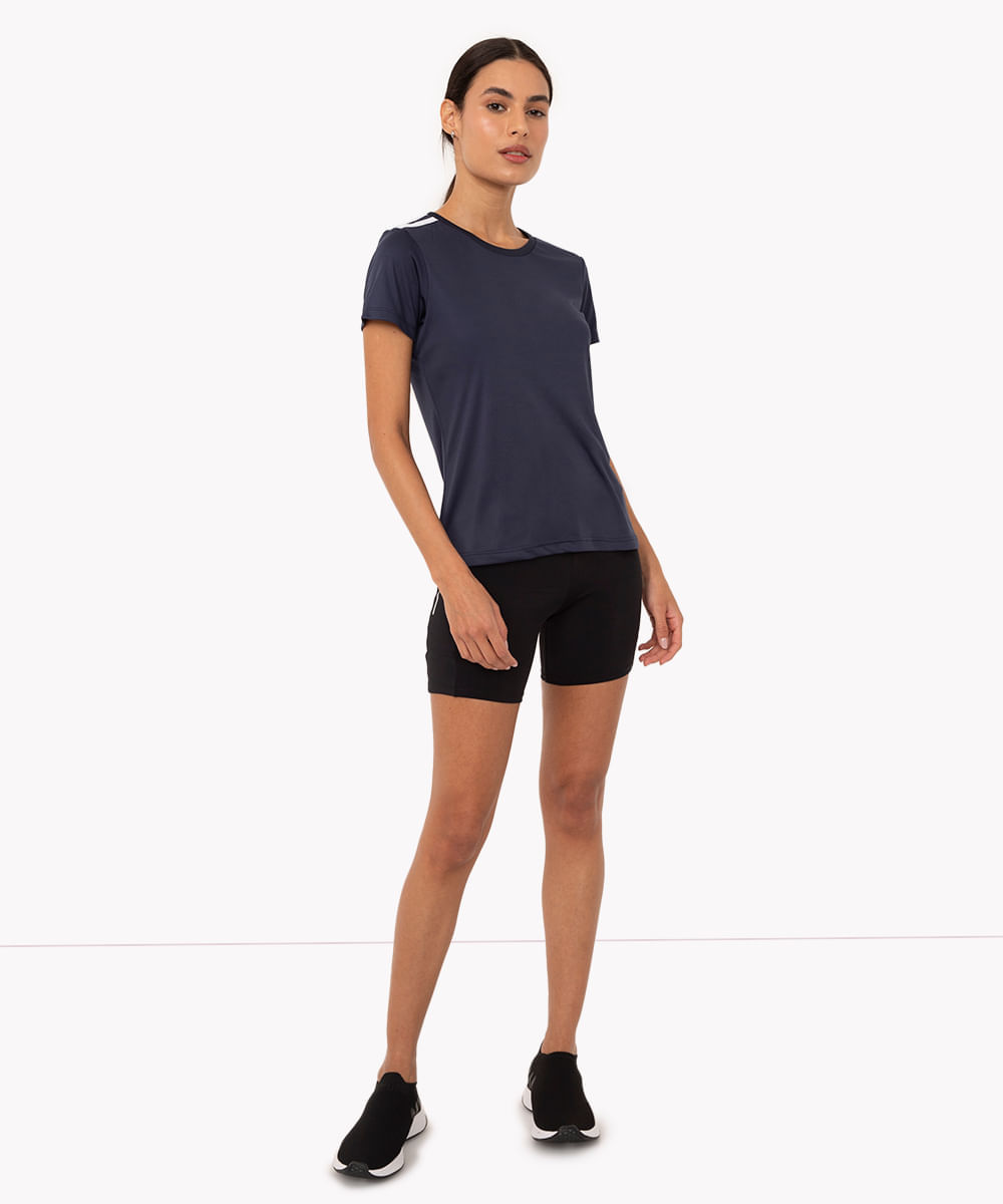 camiseta feminina esportiva ace manga curta com listras azul