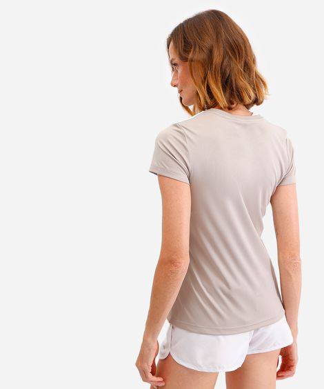 camiseta feminina esportiva manga curta com listras bege