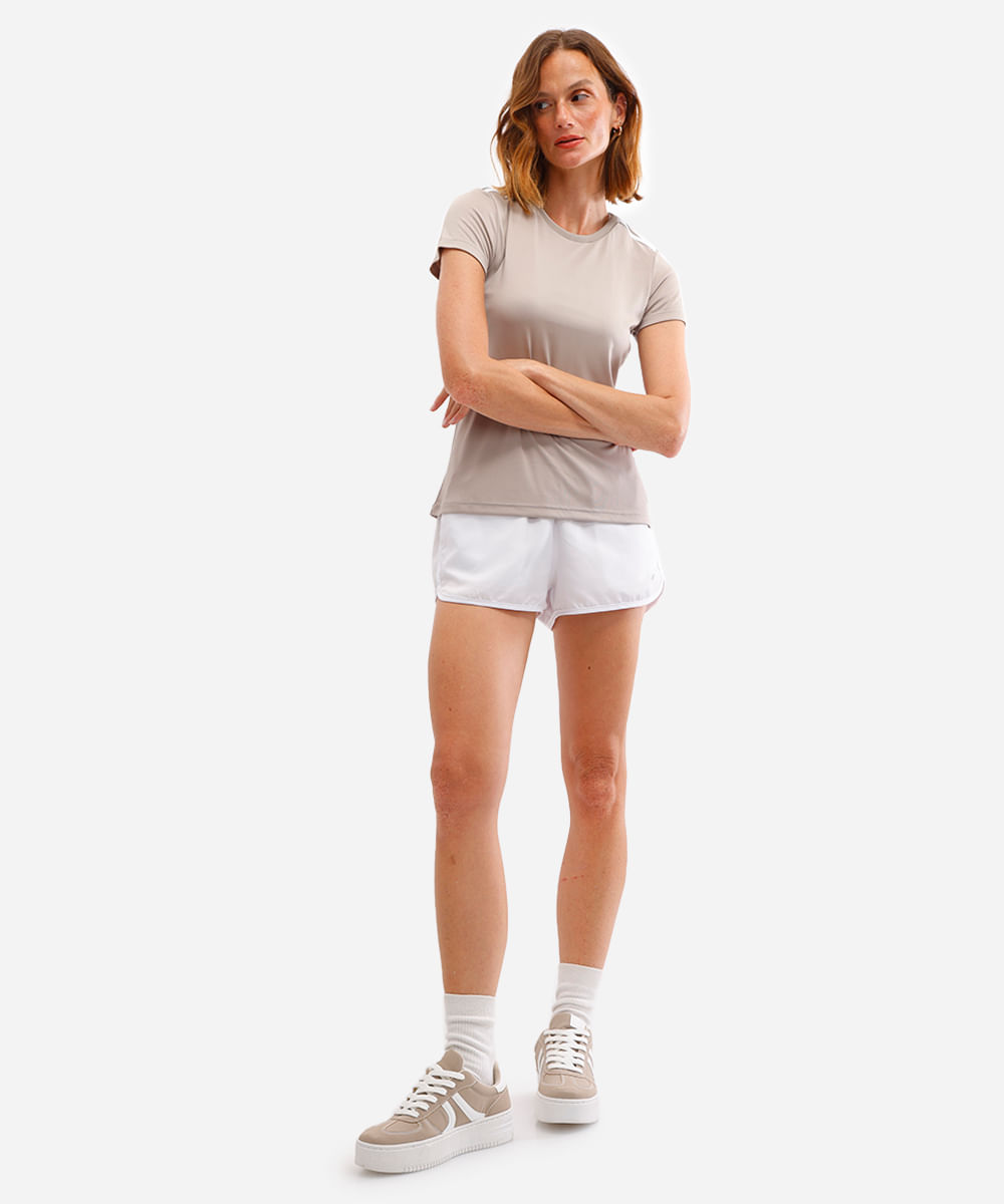 camiseta feminina esportiva ace manga curta com listras bege