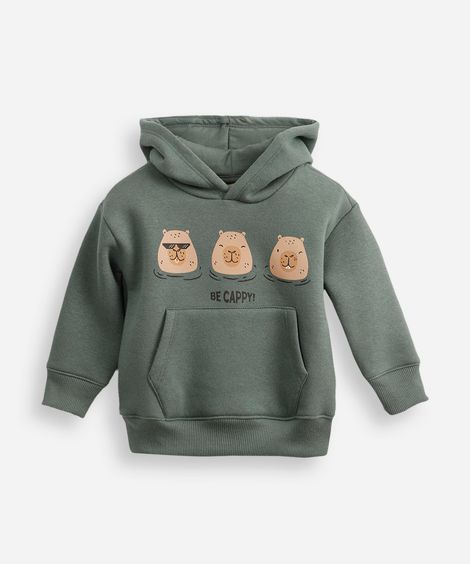 blusão infantil de moletom felpado com capuz capivara verde