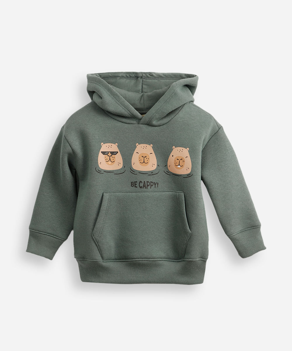 blusão infantil de moletom felpado com capuz capivara verde