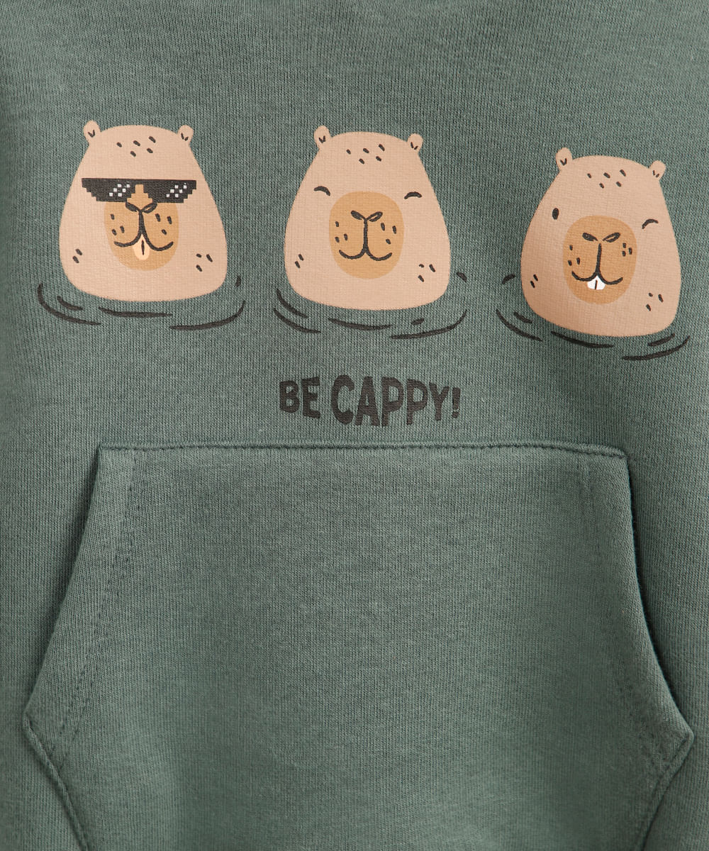 blusão infantil de moletom felpado com capuz capivara verde