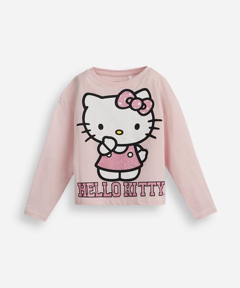 camiseta infantil de algodão hello kitty com glitter rosa