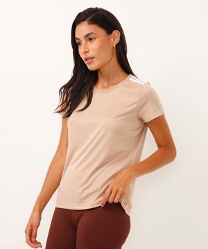 camiseta feminina esportiva ace manga curta com listras bege