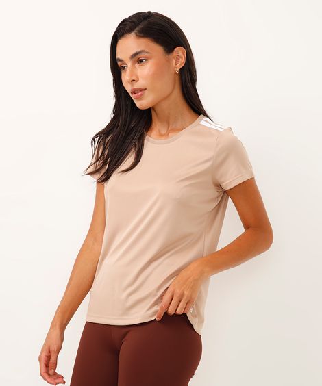 camiseta feminina esportiva manga curta com listras bege
