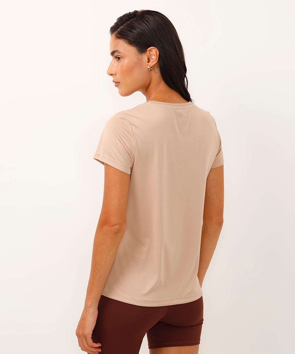 camiseta feminina esportiva ace manga curta com listras bege