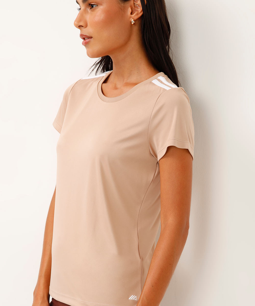 camiseta feminina esportiva ace manga curta com listras bege