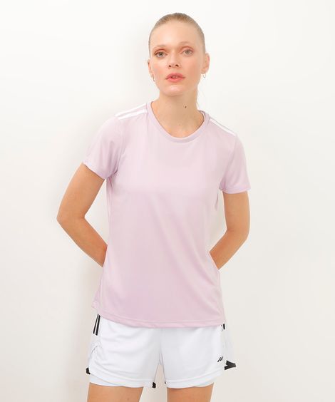 camiseta feminina esportiva manga curta com listras lilás