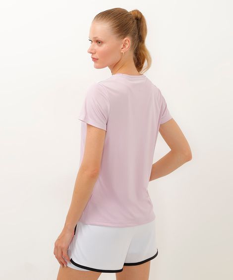 camiseta feminina esportiva manga curta com listras lilás