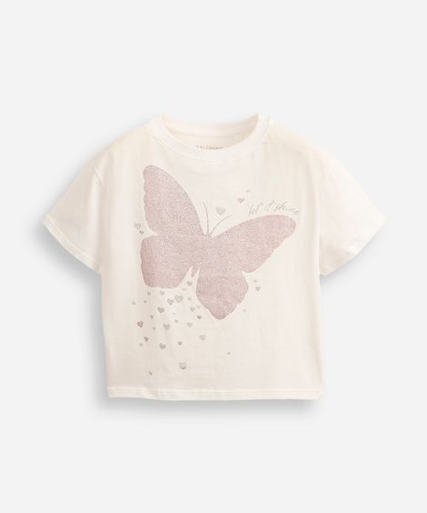 camiseta infantil de algodão borboleta com glitter off white