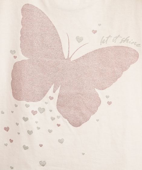 camiseta infantil de algodão borboleta com glitter off white