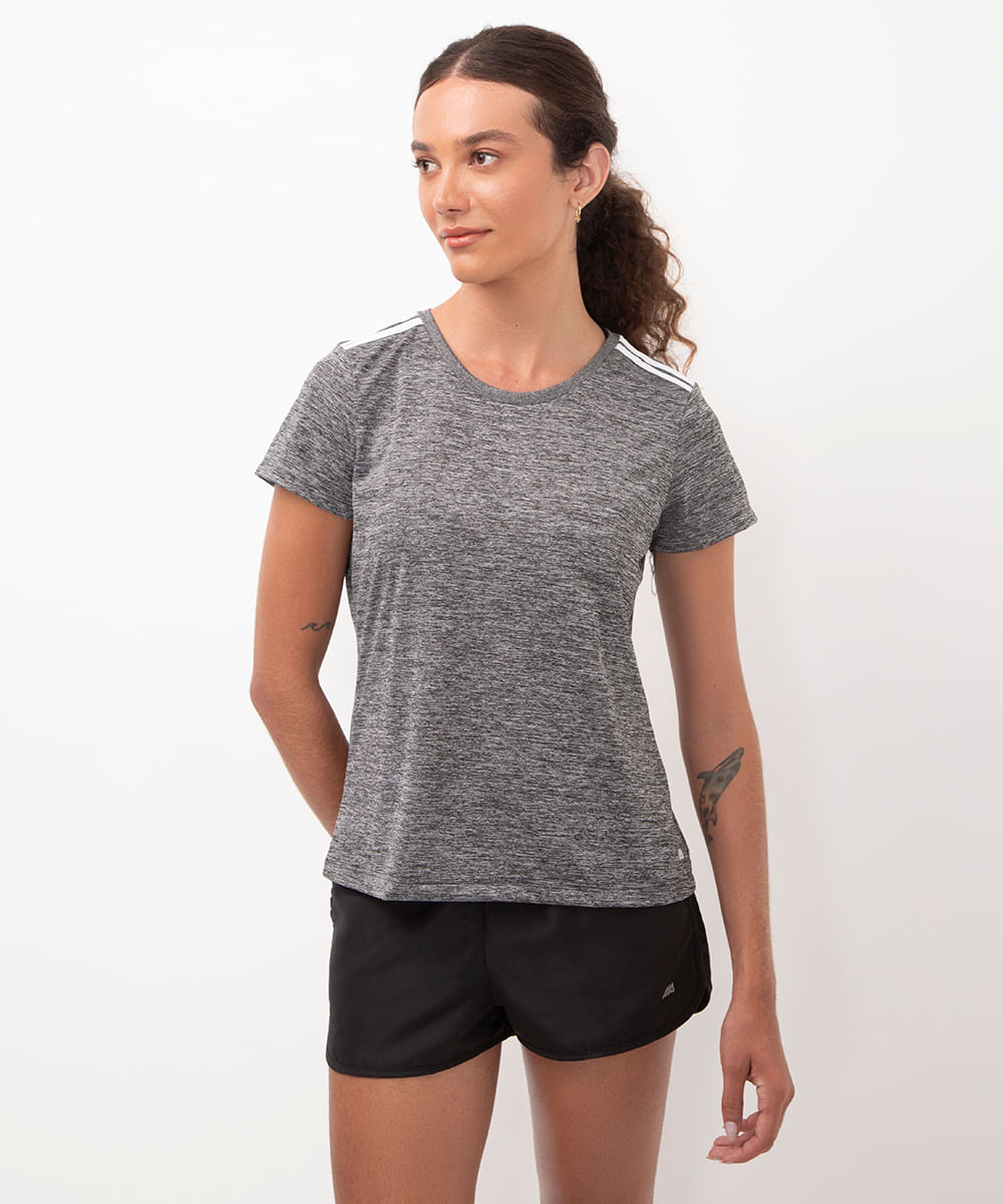 camiseta feminina esportiva manga curta com listras cinza