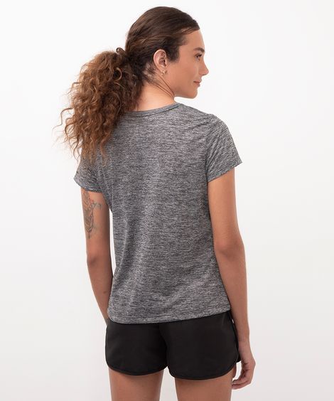 camiseta feminina esportiva manga curta com listras cinza