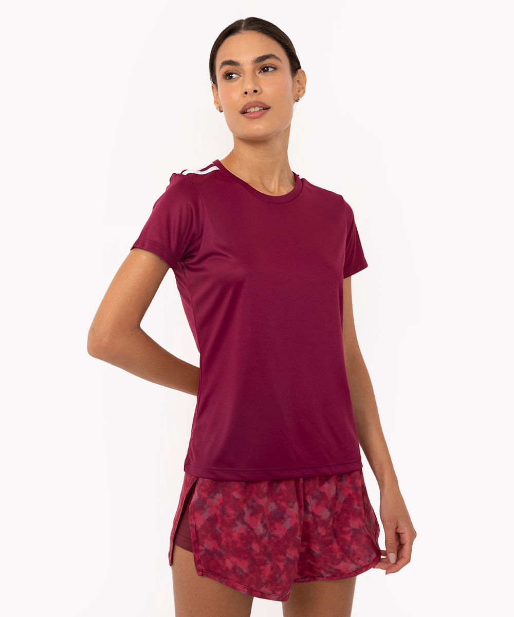 camiseta feminina esportiva ace manga curta com listras roxa