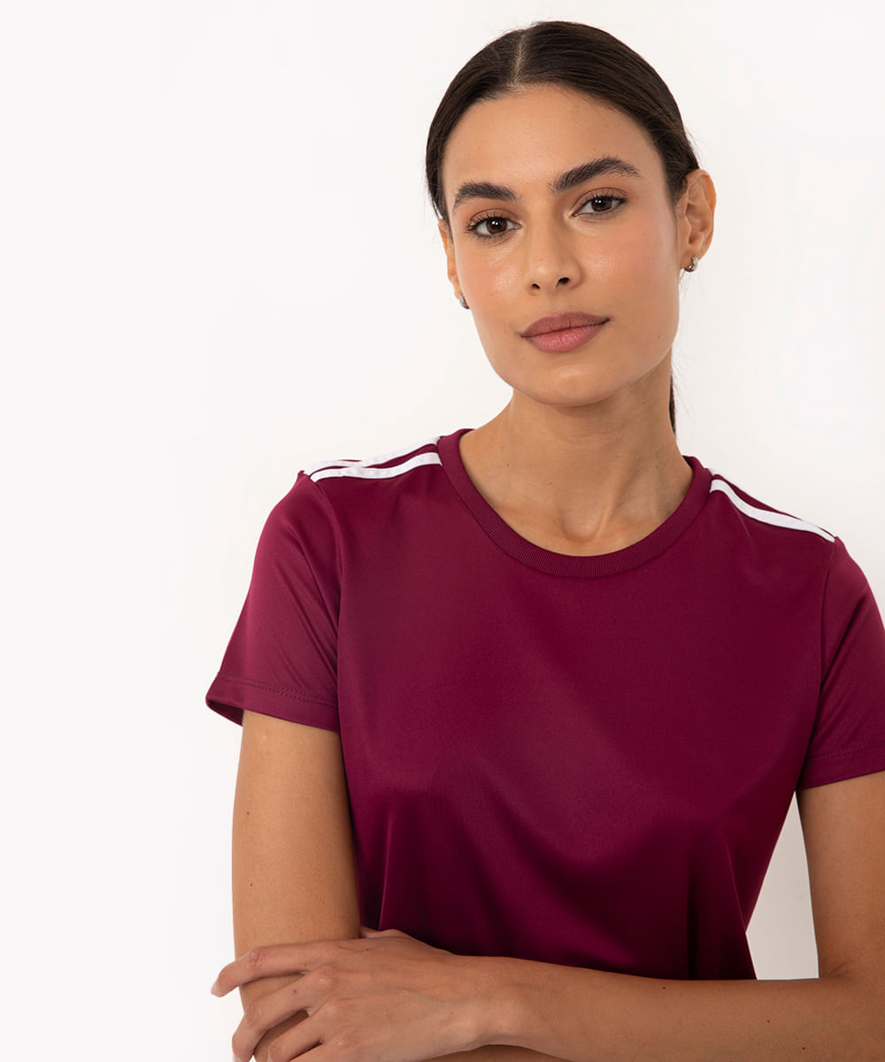 camiseta feminina esportiva ace manga curta com listras roxa