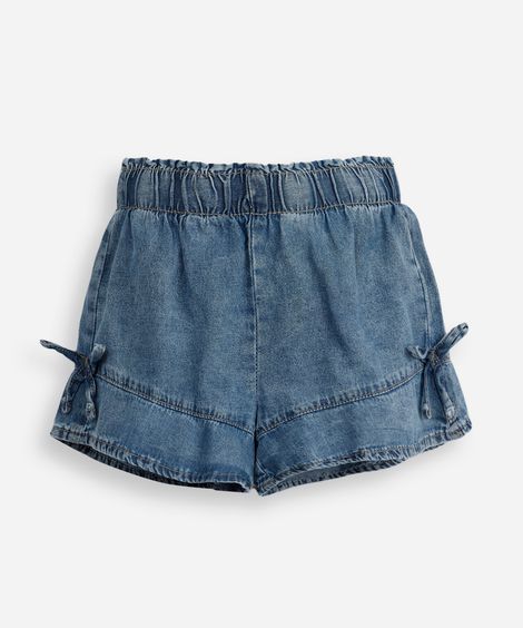 short infantil jeans com recorte e laços azul