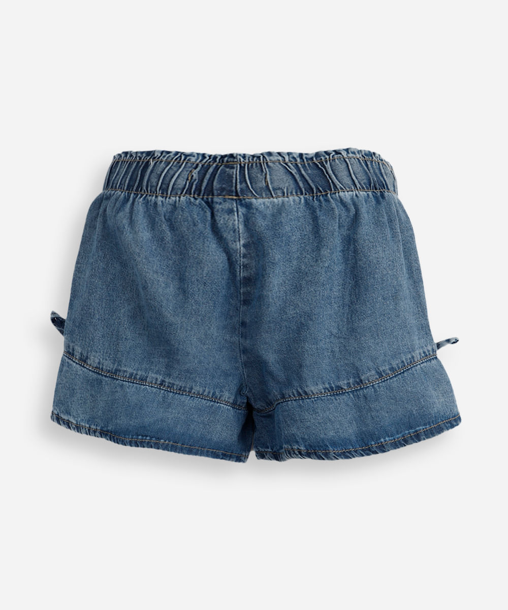 short infantil jeans com recorte e laços azul