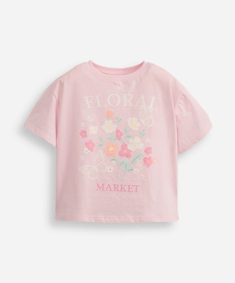 camiseta infantil de algodão floral com glitter rosa