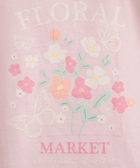 camiseta infantil de algodão floral com glitter rosa