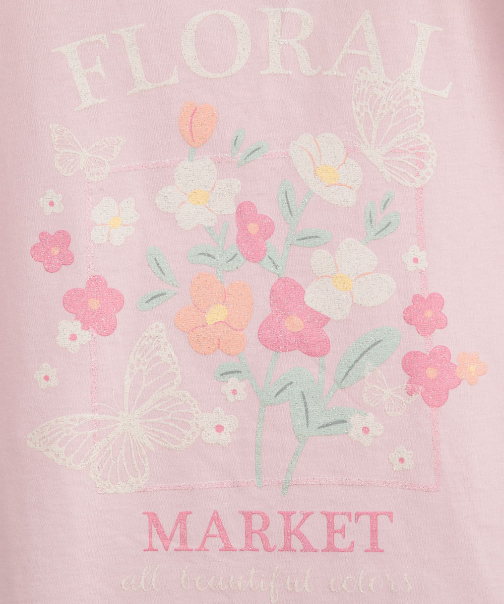 camiseta infantil de algodão floral com glitter rosa