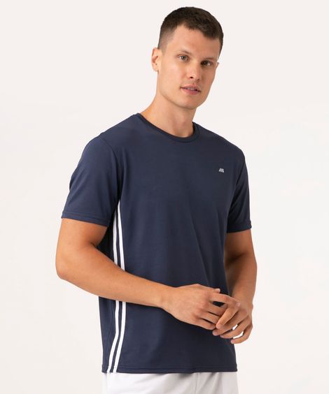 camiseta masculina esportiva com listras azul