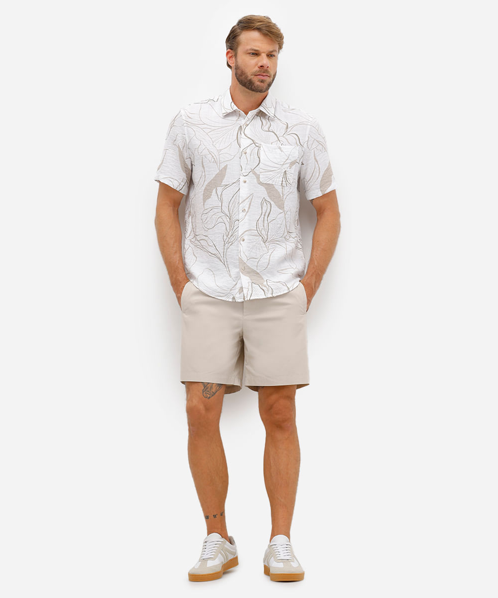 camisa masculina manga curta estampada bege