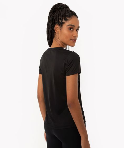 camiseta feminina esportiva manga curta com listras preta