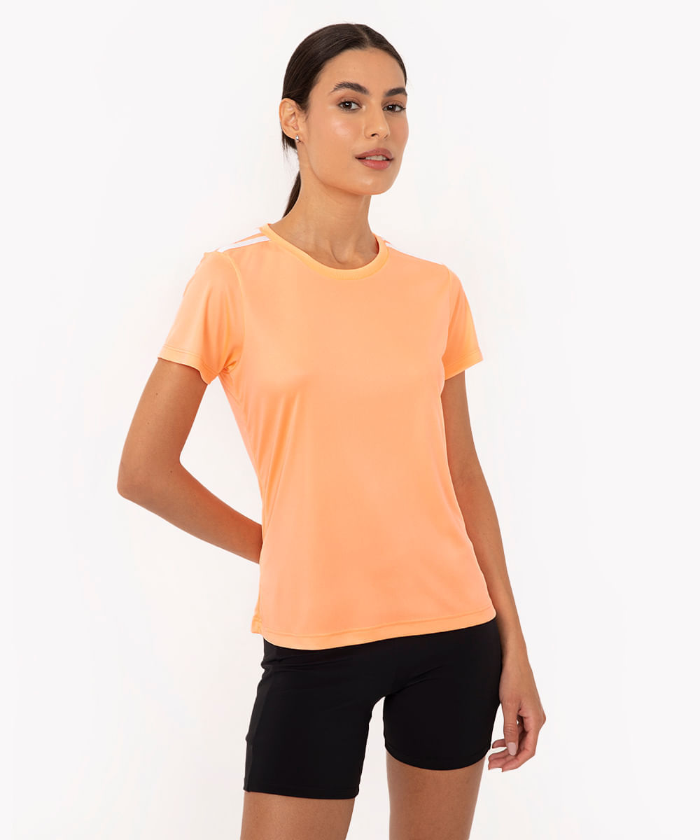 camiseta feminina esportiva manga curta com listras laranja