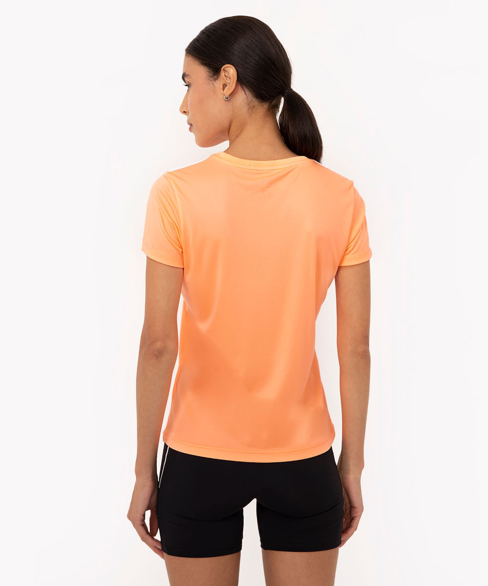camiseta feminina esportiva manga curta com listras laranja