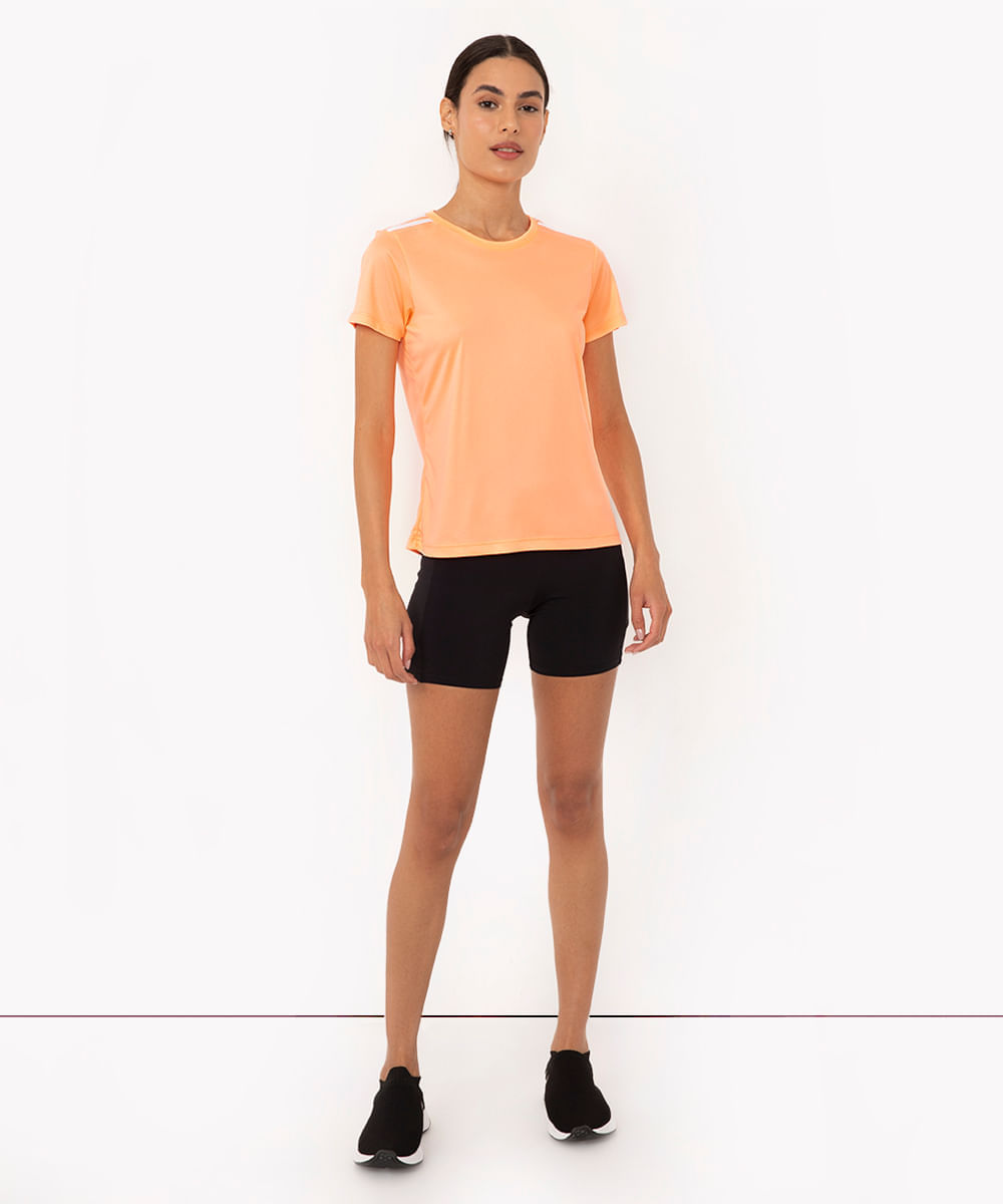 camiseta feminina esportiva manga curta com listras laranja