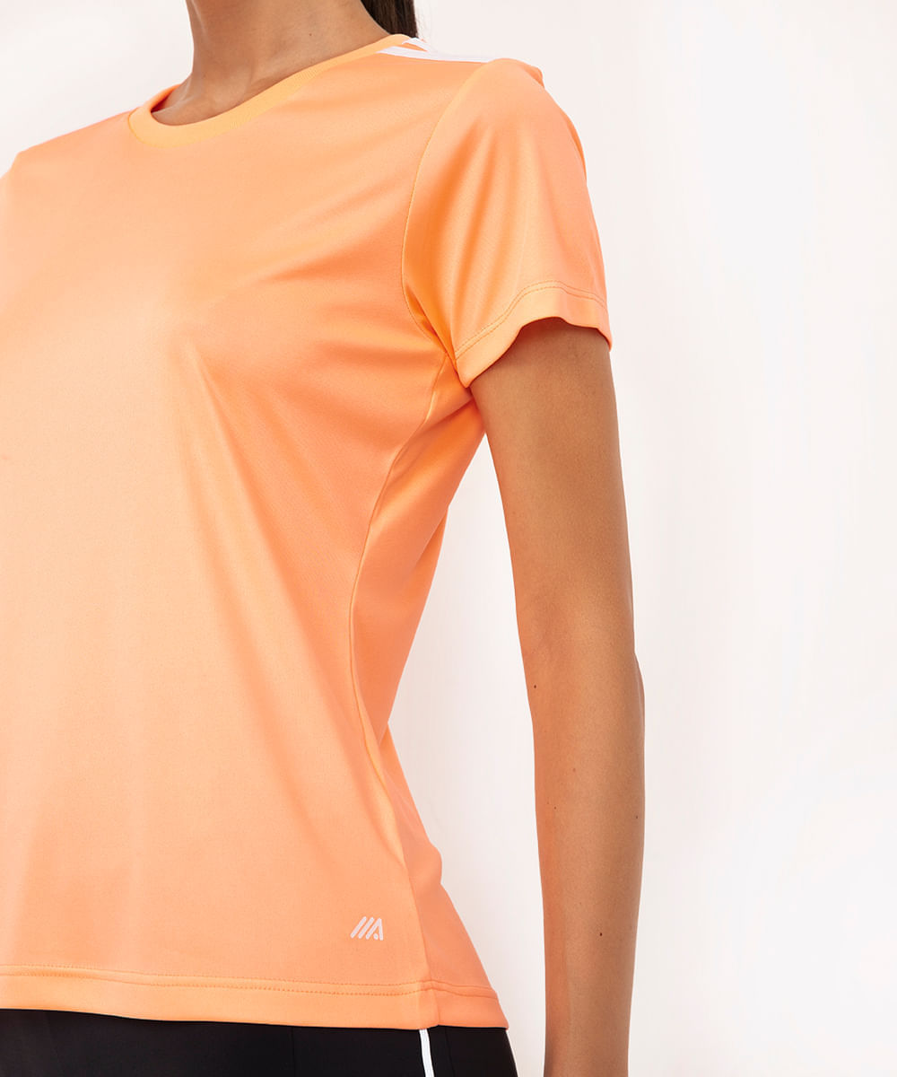 camiseta feminina esportiva manga curta com listras laranja