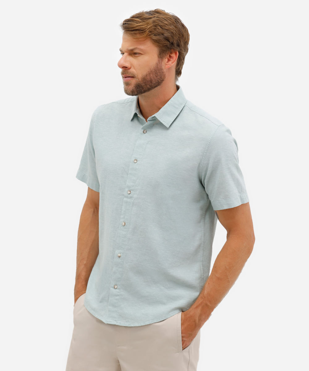 camisa comfort masculina com linho manga curta verde