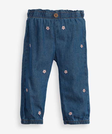 calça jogger infantil jeans bordado floral azul