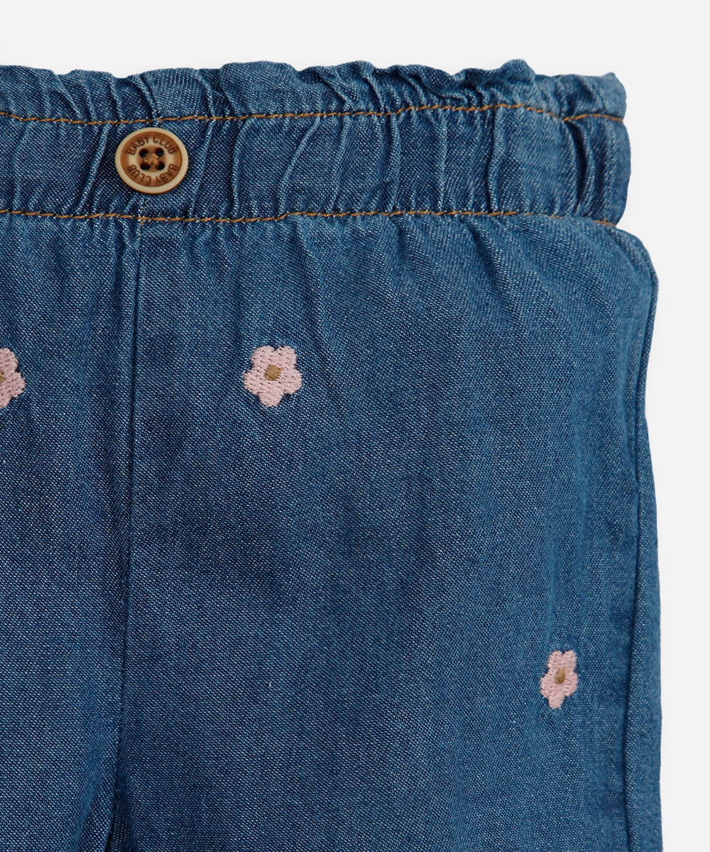 calça jogger infantil jeans bordado floral azul