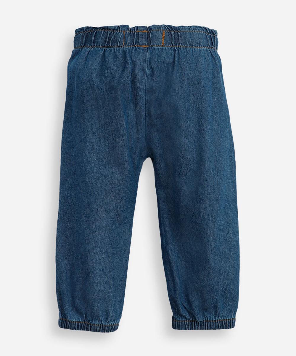 calça jogger infantil jeans bordado floral azul