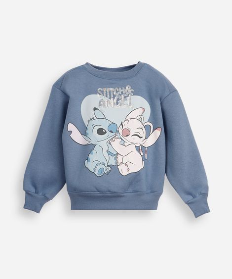 blusão infantil de moletom felpado stitch com paetê azul
