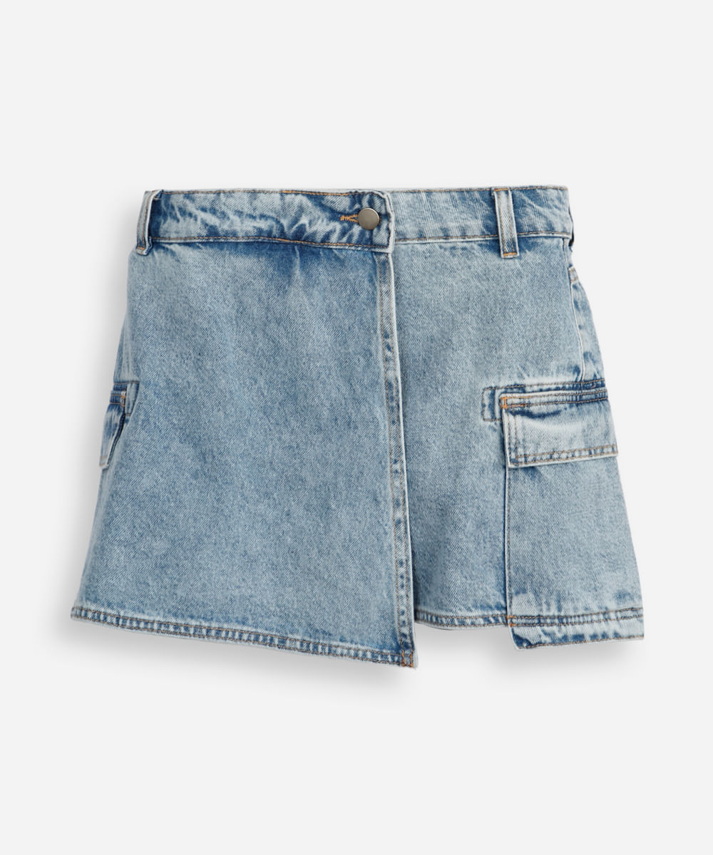 short saia cargo juvenil jeans  - jeans claro