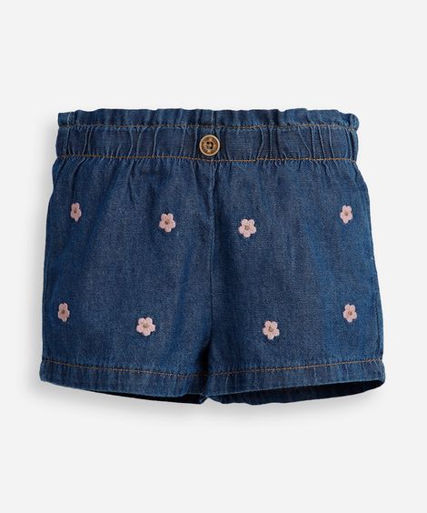short infantil jeans bordado floral azul