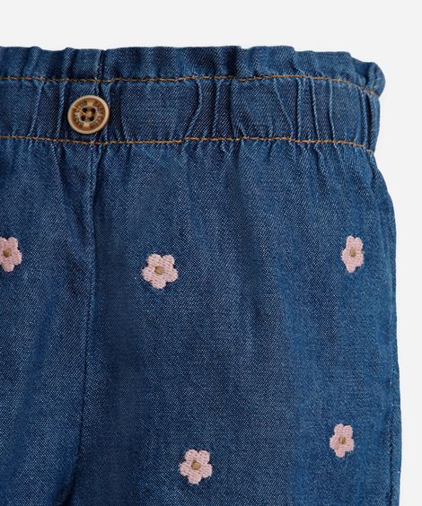 short infantil jeans bordado floral azul