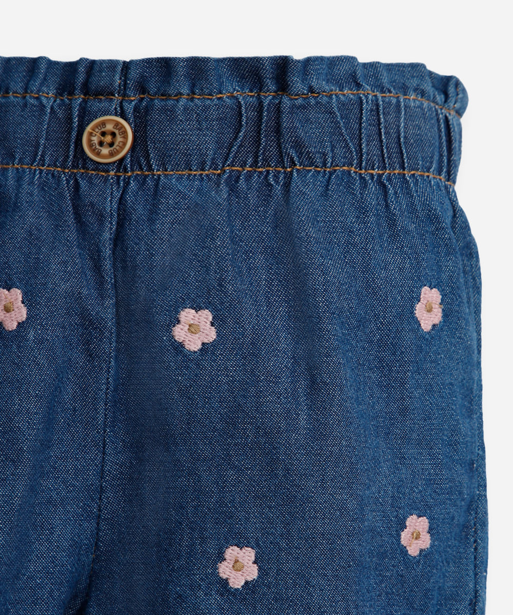 short infantil jeans bordado floral azul