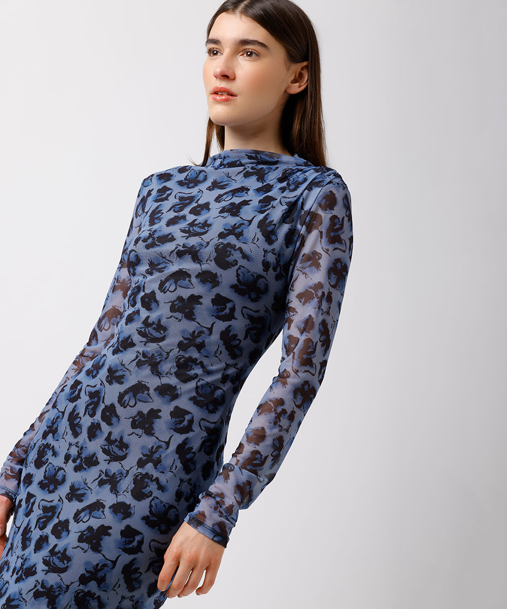 vestido midi feminino de tule floral mindset azul