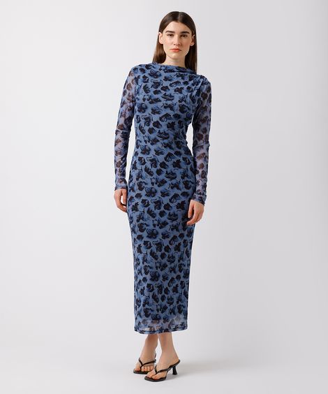 vestido midi feminino de tule floral mindset azul