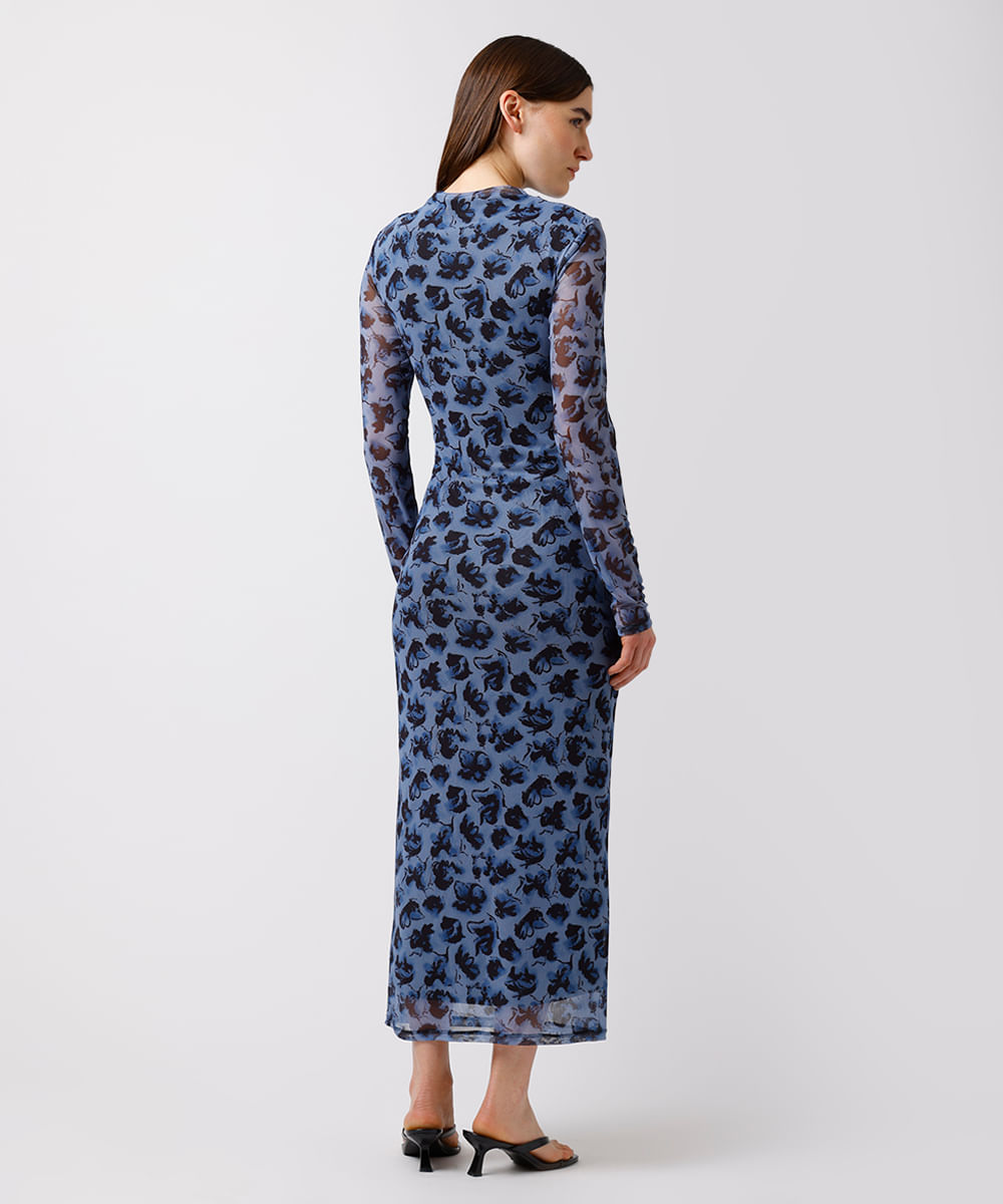 vestido midi feminino de tule floral mindset azul
