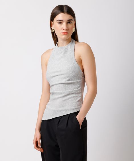 blusa frente única feminina texturizada assimétrica mindset cinza
