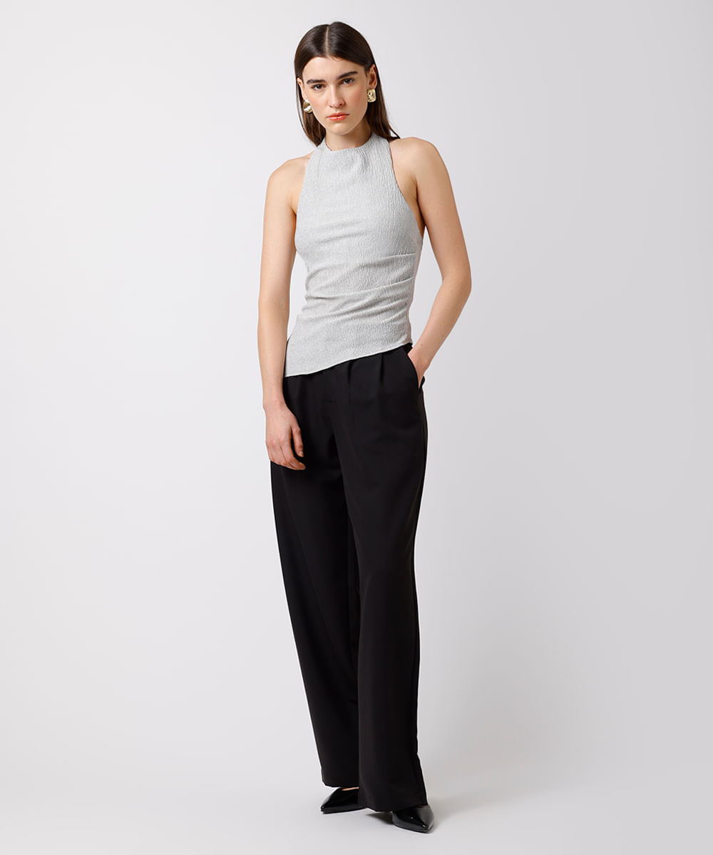 blusa frente única feminina texturizada assimétrica mindset cinza