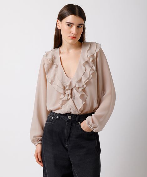 blusa feminina com babados manga longa mindset bege