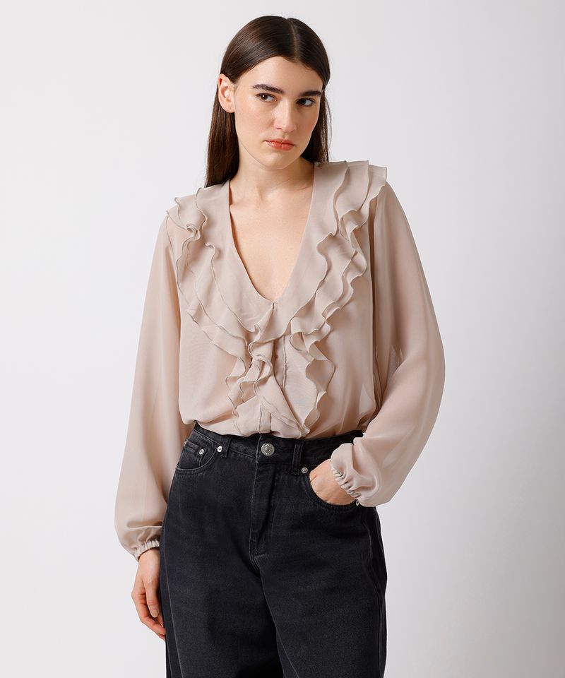blusa feminina com babados manga longa mindset bege